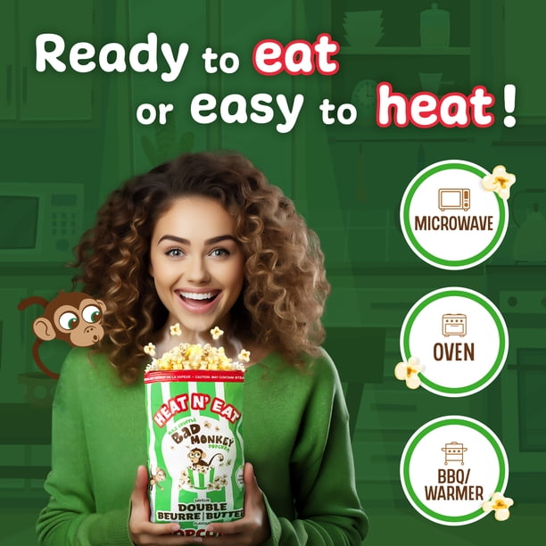 Bad Monkey Double Butter Heat N' Eat Gourmet Pre-Popped Popcorn in