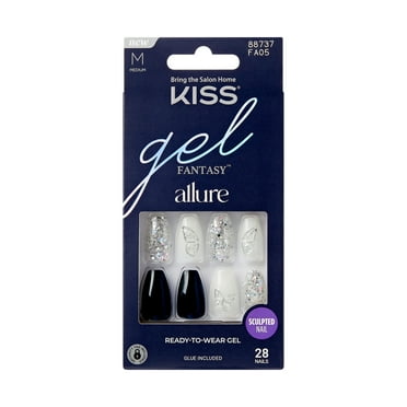 KISS Gel Fantasy Allure Medium Coffin Press-On Nails with Glue, Blue, 28 Pieces