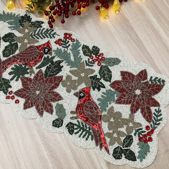 Enliven, Christmas handmade table runner, red and green flower with parrot beaded table runner, Poinsettia runner, 13x36inch