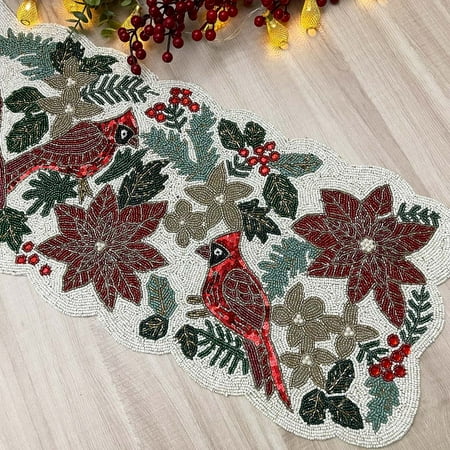 

Enliven Christmas handmade table runner red and green flower with parrot beaded table runner Poinsettia runner 13x36inch