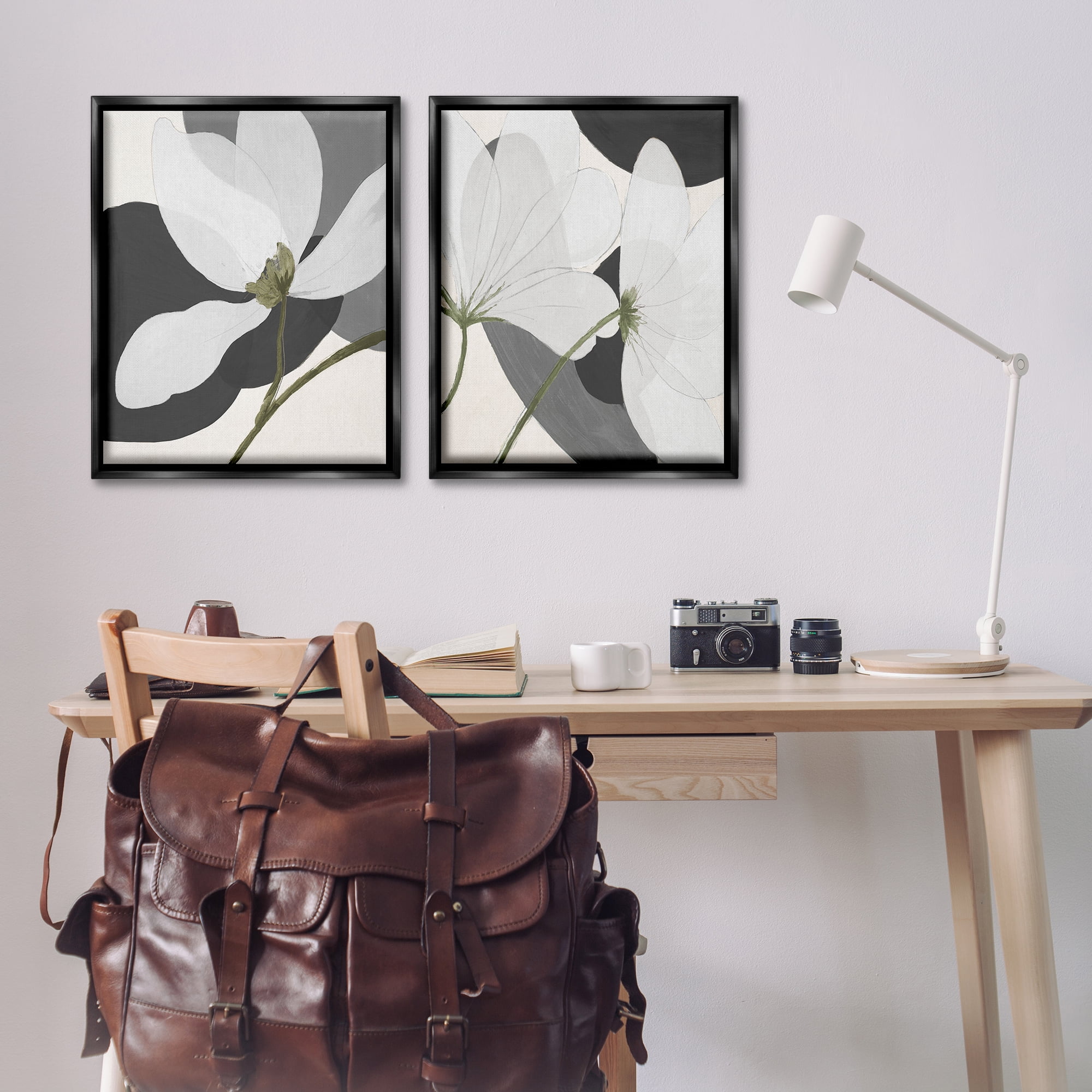Stupell Industries Large White Petal Drawing Plants & Flowers Painting Black Floater Framed Canvas Art Print Wall Art, 31 x 25, Set of 2