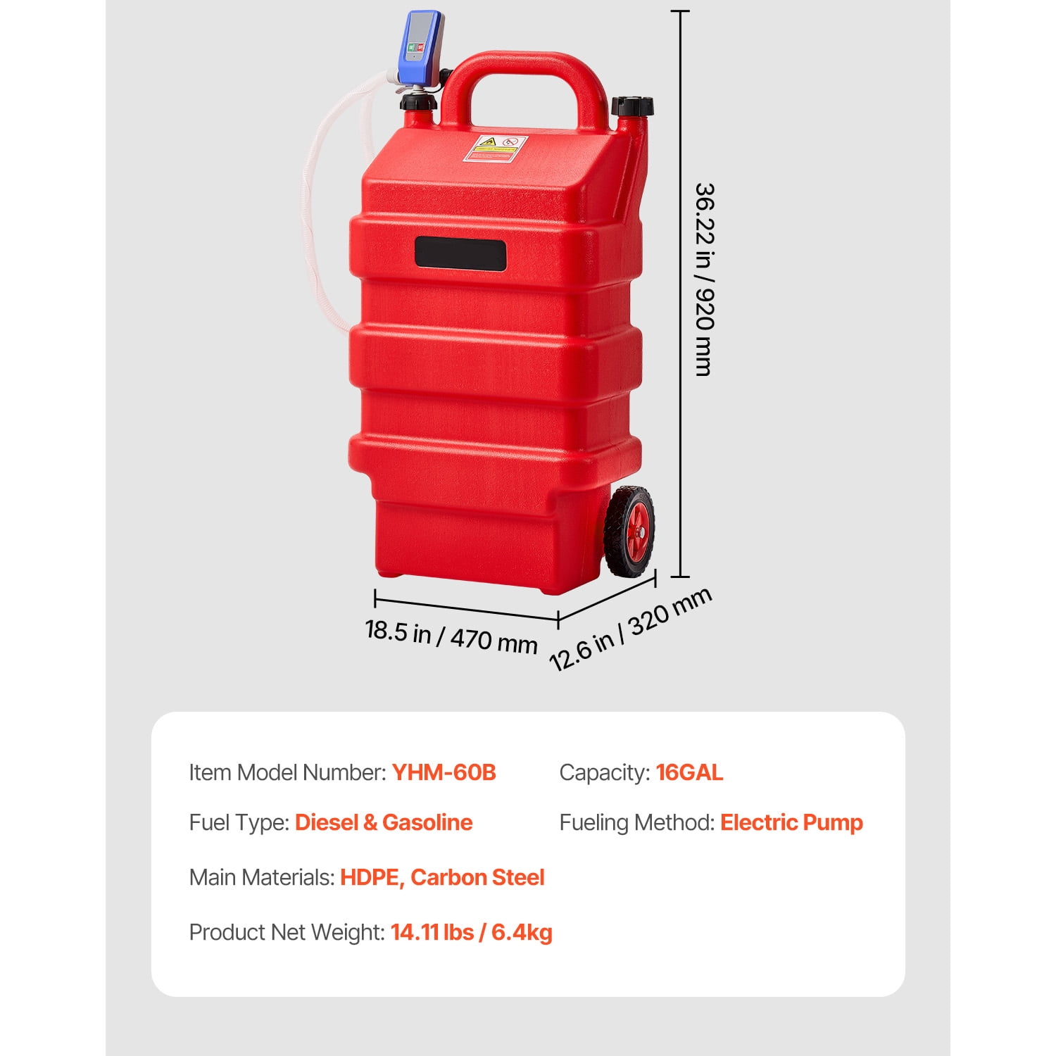 KFFKFF Fuel Carrier, 16-Gallon Capacity, Mobile Fuel Container with 12V DC 2.5 GPM Electric Fuel Circulation Pump, 4 ft Dispensing Hose & Auto-Halt Sensor Nozzle, Tank Connectors