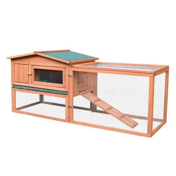Rabbit Hutch 62" Outdoor Small Animal House with Run, Elevated Wood Cage for Rabbits, Guinea Pigs, Bunnies, Ferrets - Natural Finish