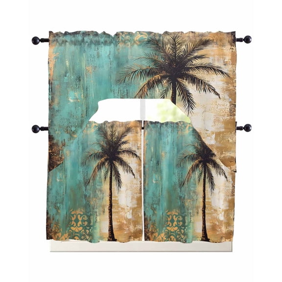 Boho Coastal Beach Kitchen Curtains Sets 24 Inch Length with Valance, Summer Vintage Tropical Plant Flower Swag Valances and Tiers Curtain Set Drapes Swag Curtains for Living Room, Bathroom, Bedroom