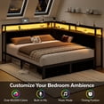 thumbnail image 4 of Queen Corner Bed Frame with Storage Drawers, Modern Linen Upholstered Daybed with LED Lights & Charging Station, Metal Platform Bed with Guardrail for Bedroom Dorm, Black, 4 of 7