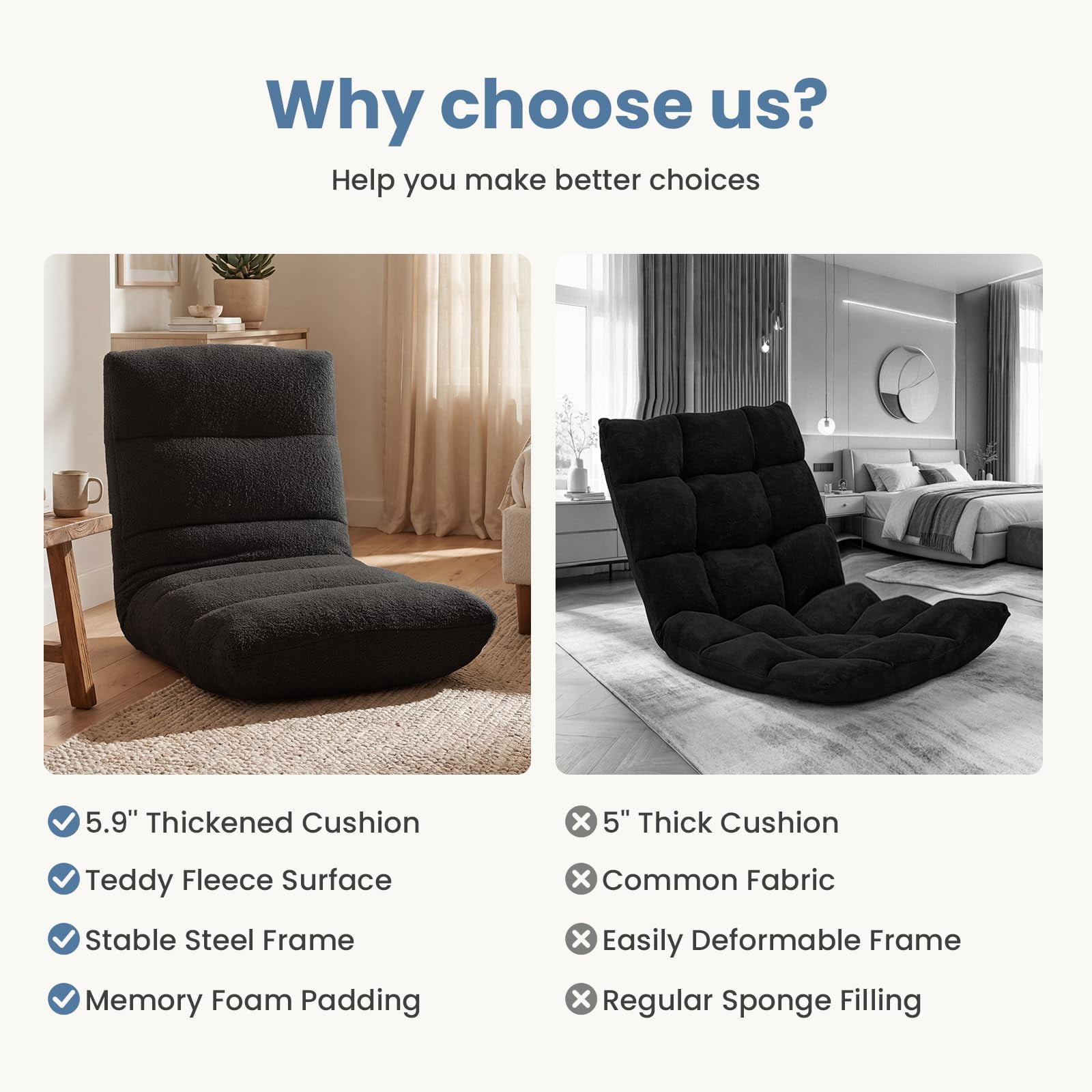 Folding Floor Chair, Adjustable 14-Position Gaming Chair with 5.9" Thick Cushion, Soft Velvet Cover & Steel Frame, Portable Floor Seating for Adults, Black