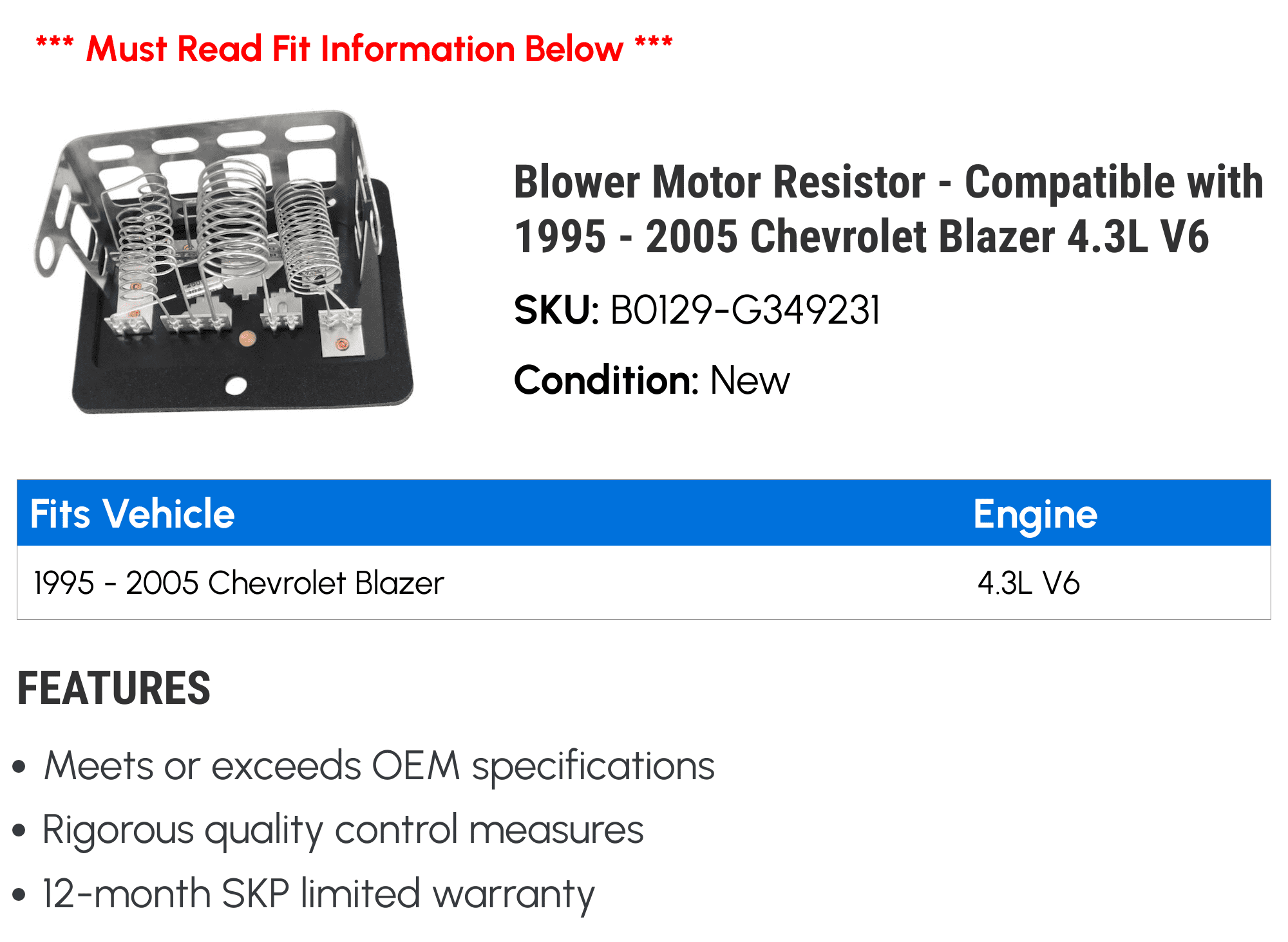 Blower Motor Resistor - Compatible with 1995 - 2005 Chevy Blazer 4.3L V6 1996 1997 1998 1999 2000 2001 2002 2003 2004