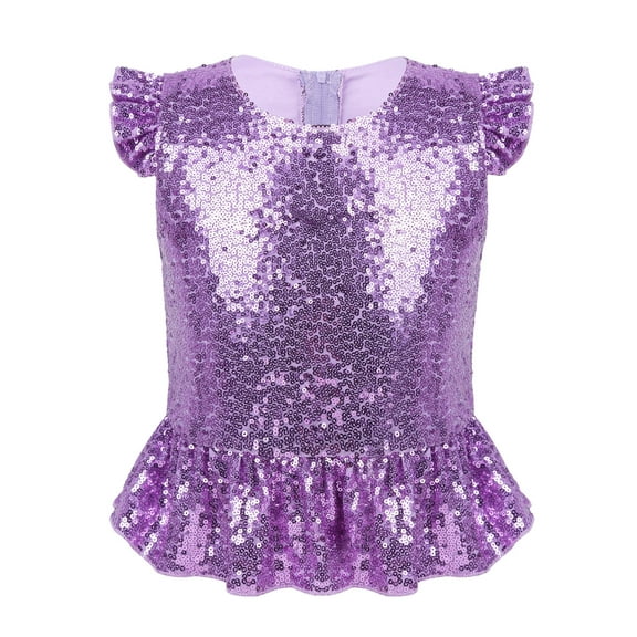 Sxiwei Kids Girls Sequins Ruffles Sleeves Tee Shirt Peplum Crop Tops Dancewear Mermaid Birthday Dress Lavender 14