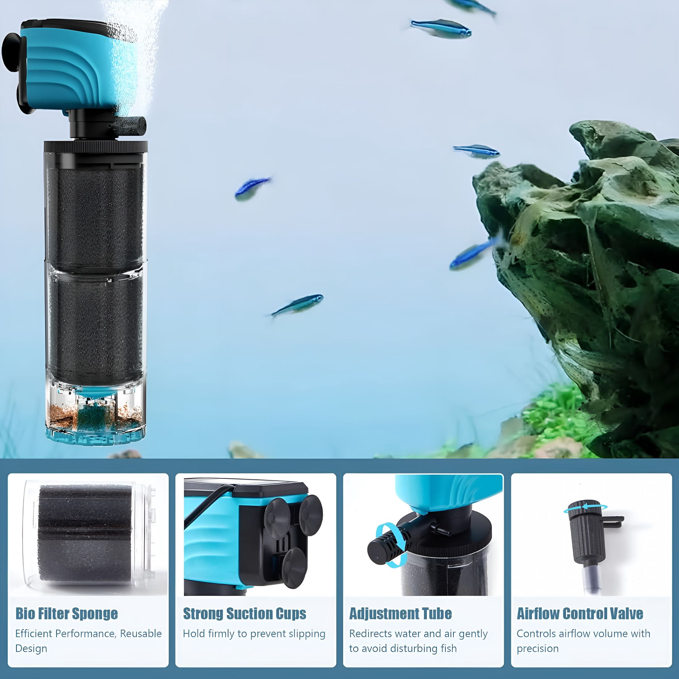 HIBIBUD Submersible Aquarium Filter, Upgraded 50-150 Gallon Fish Tank Filter with Fish Guard, Internal Whisper Pump for Turtle Tank, Debris Tray, Check Valve, Fresh/Saltwater, 12-Inch