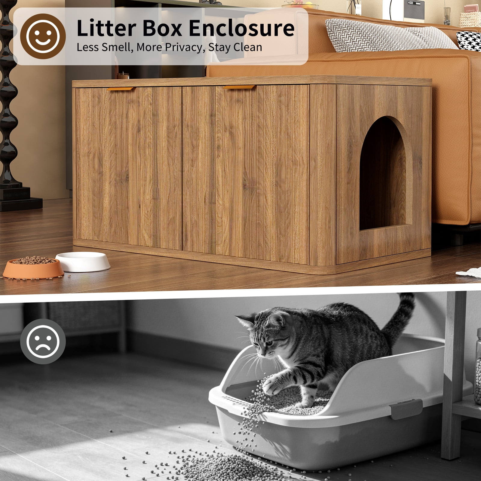 31.5" Walnut Cat Litter Box Enclosure, Mid Century Modern Fluted Hidden Litter Box Cabinet, Decorative Kitty End Table for Living Room, Bedroom and Entryway