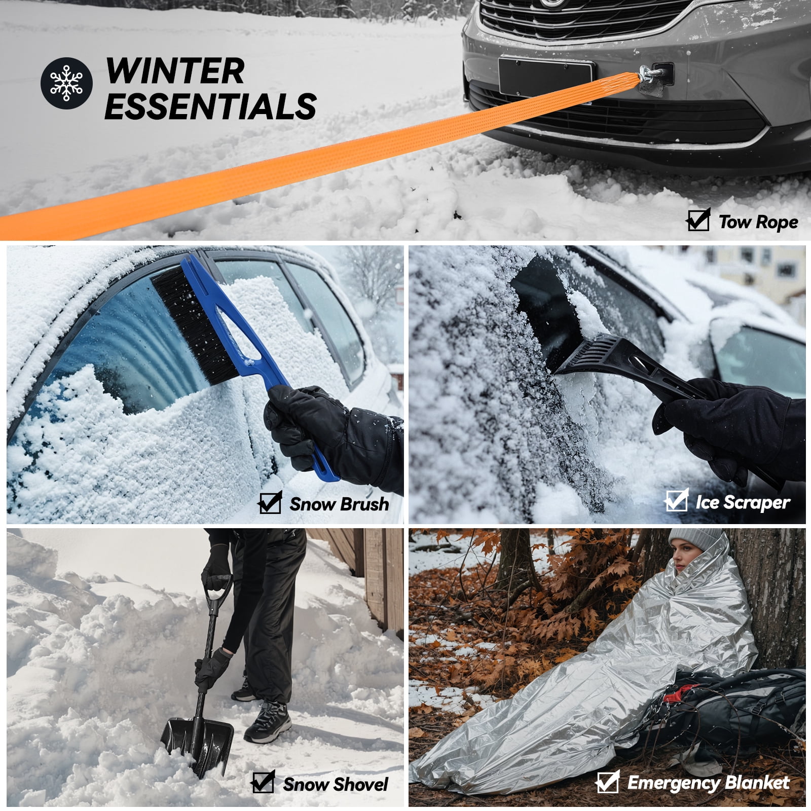Car Emergency Safety Kit with Digital Air Compressor, Jumper Cables, First Aid & Detachable Snow Shovel for All Drivers
