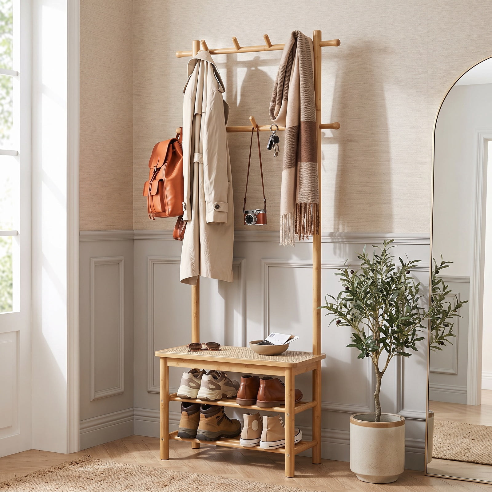 Furnibear 3 in 1 Bamboo Hall Tree Coat Rack with Bench and Shoe Storage and 11 Hooks for Entryway and Foyer and Hallway, Natural