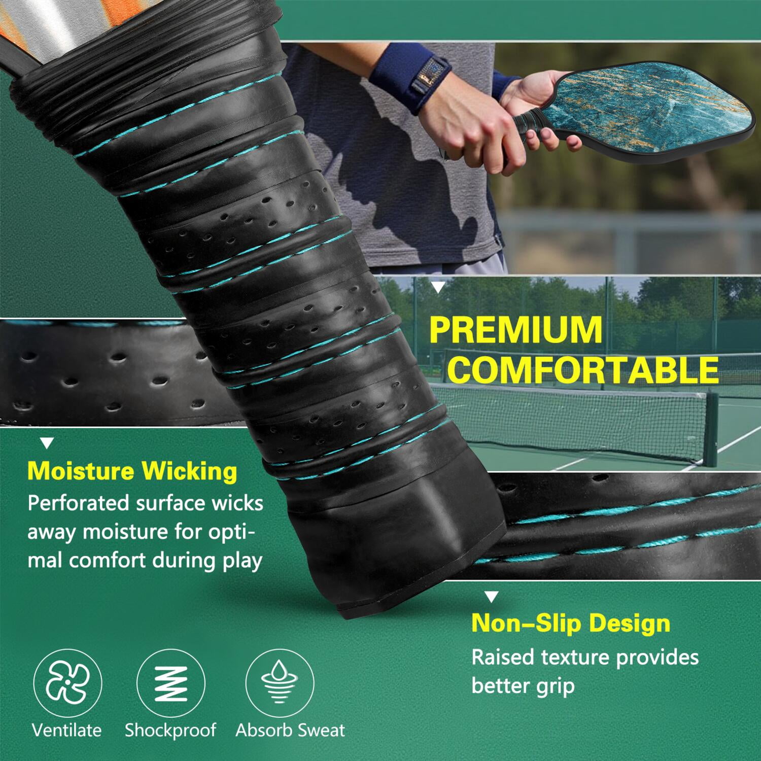 Pickleball Paddles Set Of 2, Fiberglass Surface, Turquoise Marble Pattern, 4 Balls & Bag