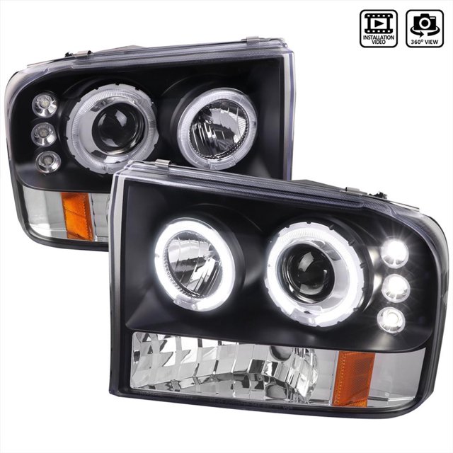 Spec-D Tuning Headlight Assembly 2LHP-F25099JM-TM Halogen Bulb; Dual Halo Projector Headlights With LED Accent Light; H1 High/Low Beam Bulb; Clear Lens; Matte Black Housing; Set Of 2