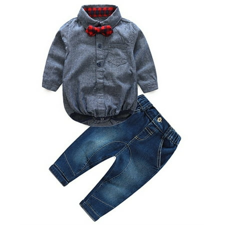 

Gentleman Baby Boys Shirt Romper Jeans Formal Outfits Wedding Party Prom