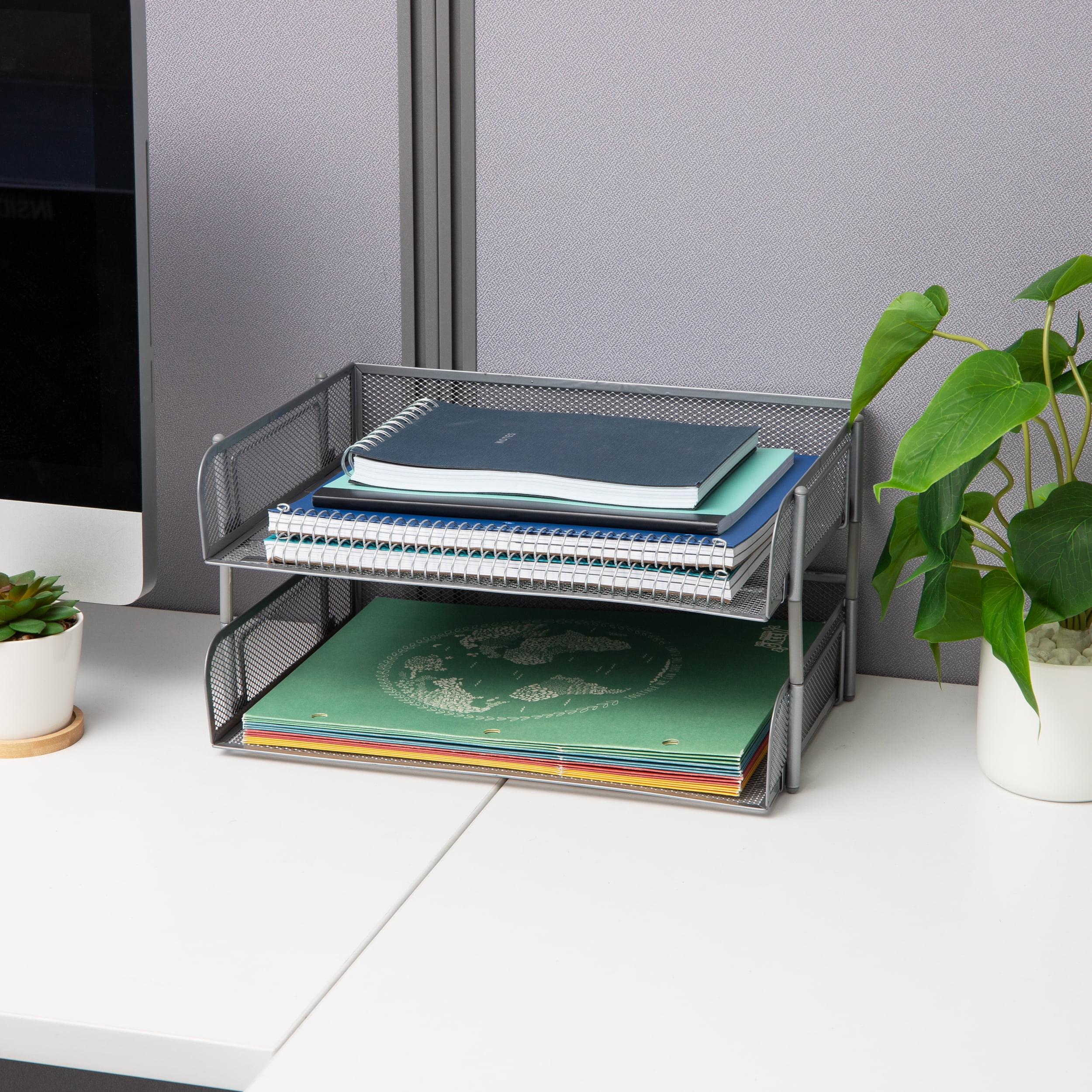 Mind Reader 2-Pack Stackable Metal Mesh File Holder Trays, Document Holder, Desktop File Organizer, Silver