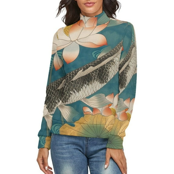 Koi Fish Lotus Vintage Women's Turtleneck Sweater Long Sleeve Ribbed Fitted Turtle Neck Casual Fall Winter Collection Top S
