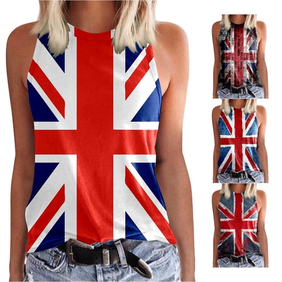 XIAONU Union Jack Flag Print Tank Top for Women Sleeveless High Neck Vintage Summer Vest
