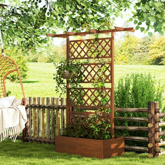 Outsunny Wood Raised Garden Bed, Planter with Trellis for Climbing Plants