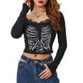 thumbnail image 2 of Musuos Women's Autumn Slim Gothic Crop Tops Black Long Sleeve Skeleton Print Lace Trim T-shirt, 2 of 10