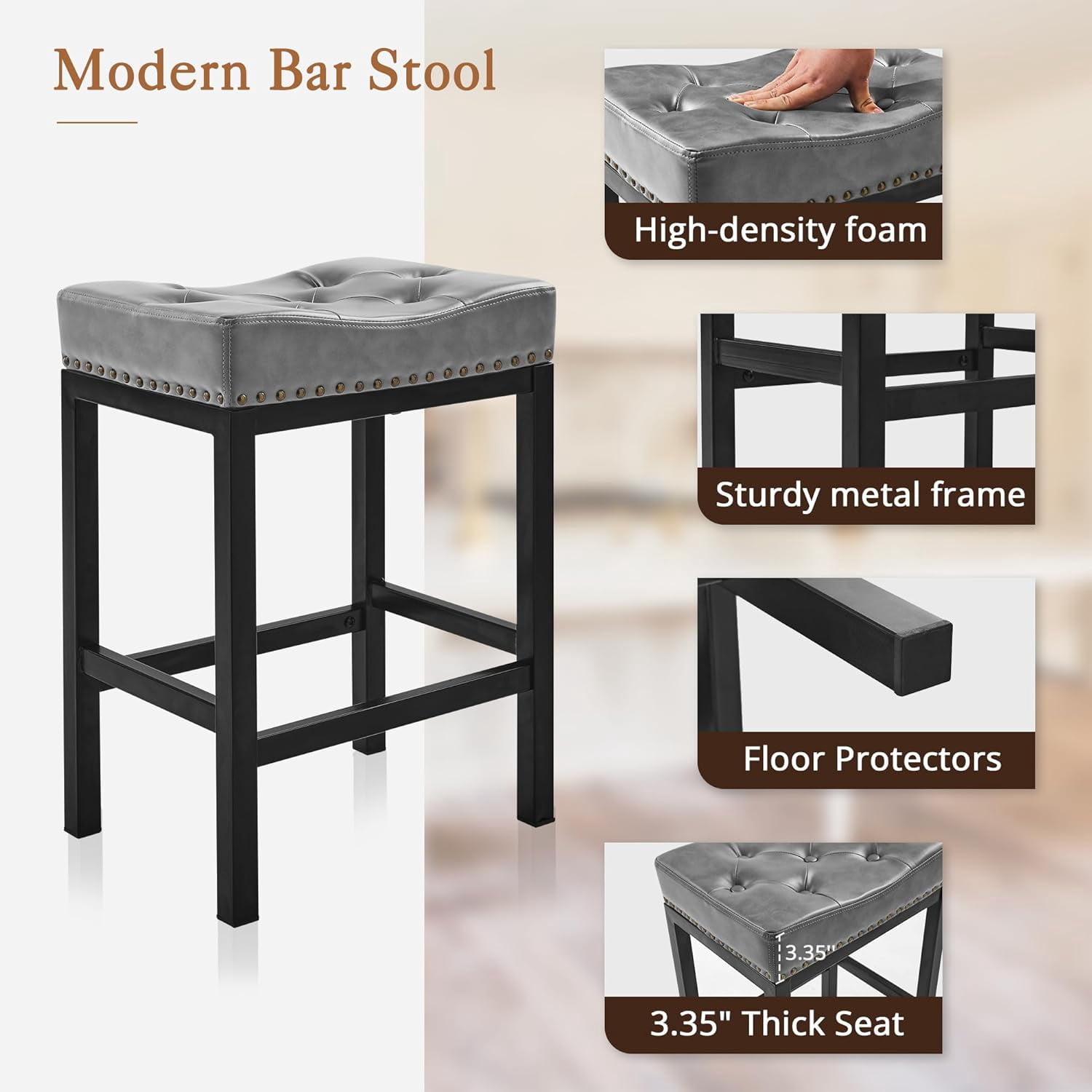 Dycanpo 24” Saddle Bar Stools Set of 4 with Modern Metal Legs, for Home Kitchen, Dark Gray