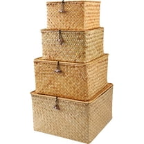BlueMake 4Pcs Wicker Storage Baskets with Lids Seagrass Woven Baskets for Shelves Stackable Storage Boxes for Organizing Rattan Bins - Natural
