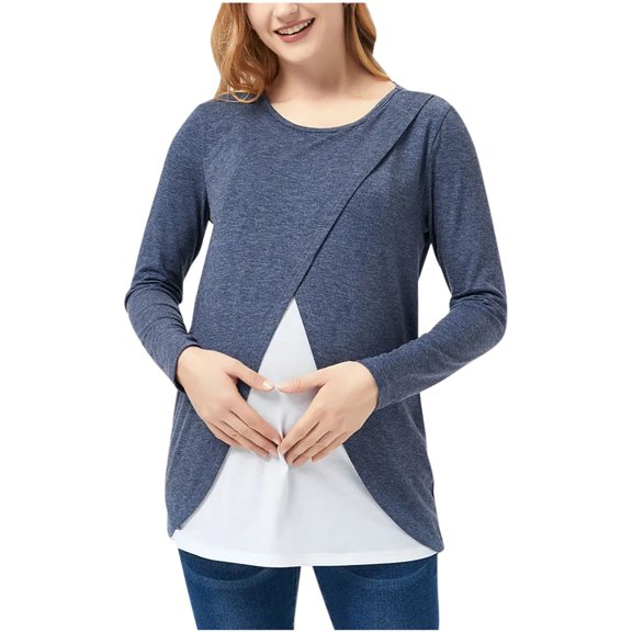 breaise Women's Nursing Tops for Breastfeeding Summer Long Sleeve Maternity Shirts Postpartum Double Layer Clothes