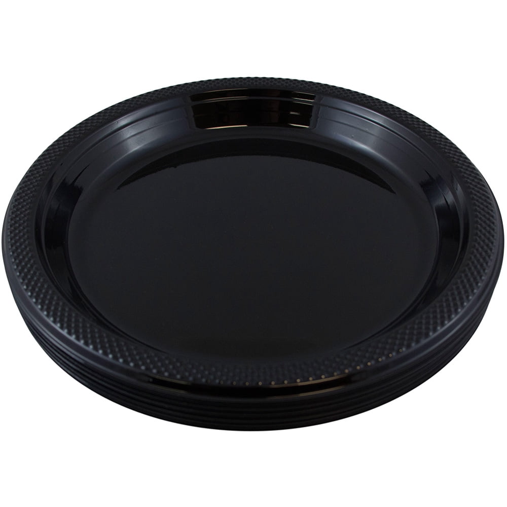 JAM Paper Round Plastic Party Plates, Black, 20 per Pack, Medium 9"