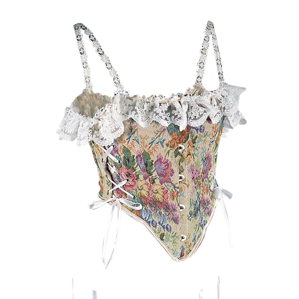 Camisola moldeadora de cintura con encaje y lazo sin espalda con estampado de flores para mujer, top de poliéster