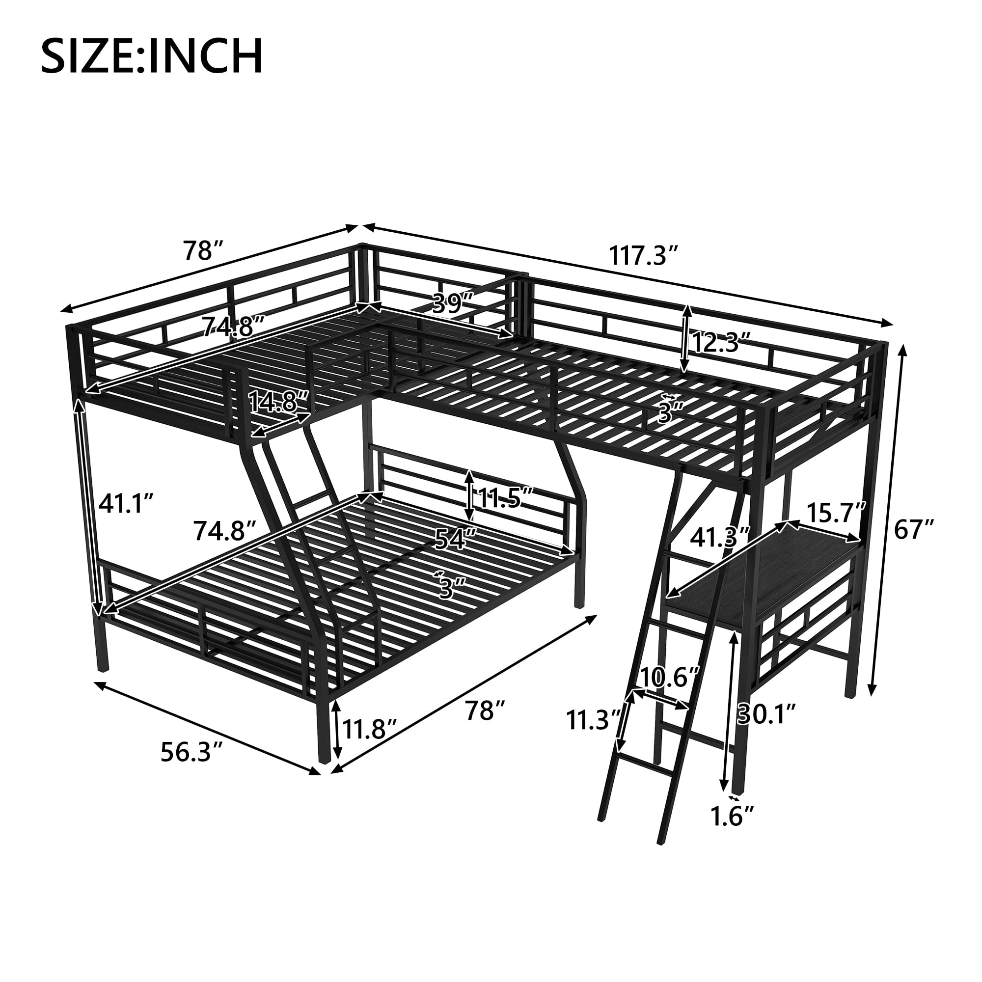 Aukfa Twin-Over-Full Metal L-Shaped Triple Bunk Bed with a Twin Loft Bed and Desk for 3 Kids Teens - Black