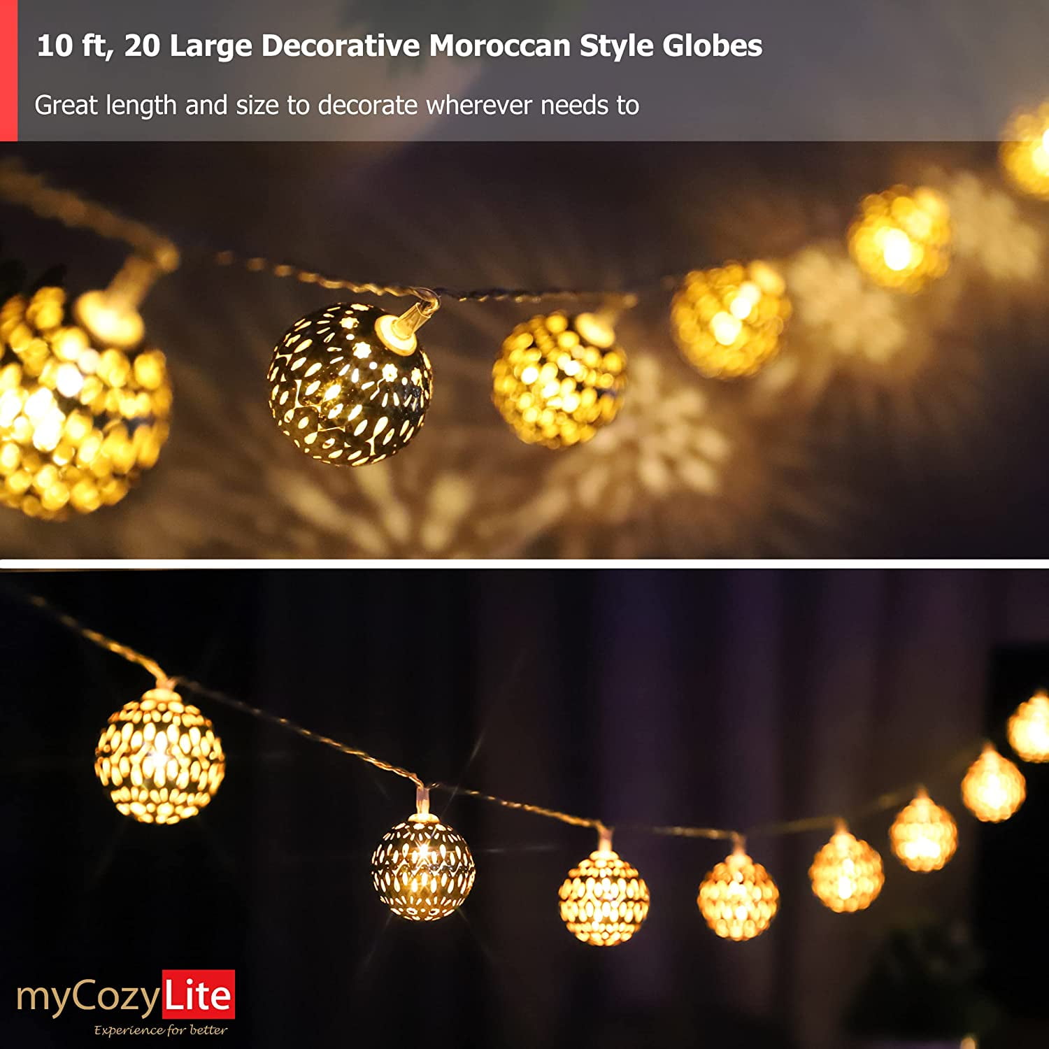 Moroccan String Lights Gold Plug in 20 LED Globe String Lights for Wedding Party, Home Decor, Classroom, Birthday, Christmas, Indoor Outdoor, Metal Orbs, 8 Functions, Timer, Connectable, 10 ft