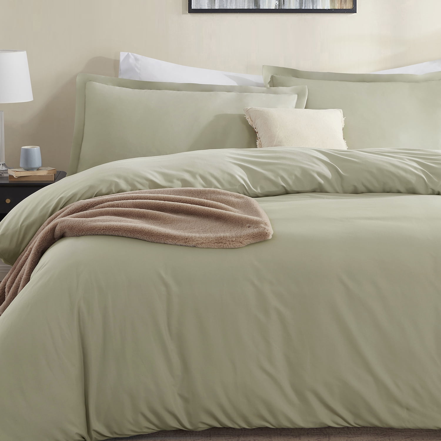 LammaLoe California King Duvet Cover Set, Luxury Microfiber Bedding Sets with 2 Pillow Shamss, Sage Green