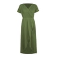 thumbnail image 2 of Women's V Neck Wrap Dress Twisted Slit Pleated Waist Tie Short Sleeve Midi Dresses Color Army Green Size M, 2 of 3