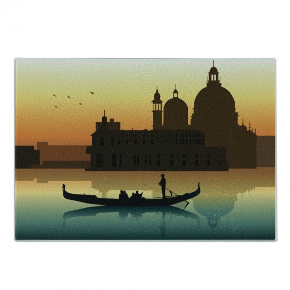 Romantic Cutting Board, People in Gondolas Venice City of Historical Importance Abstract Illustration, Decorative Tempered Glass Cutting and Serving Board, Small Size, Multicolor, by Ambesonne
