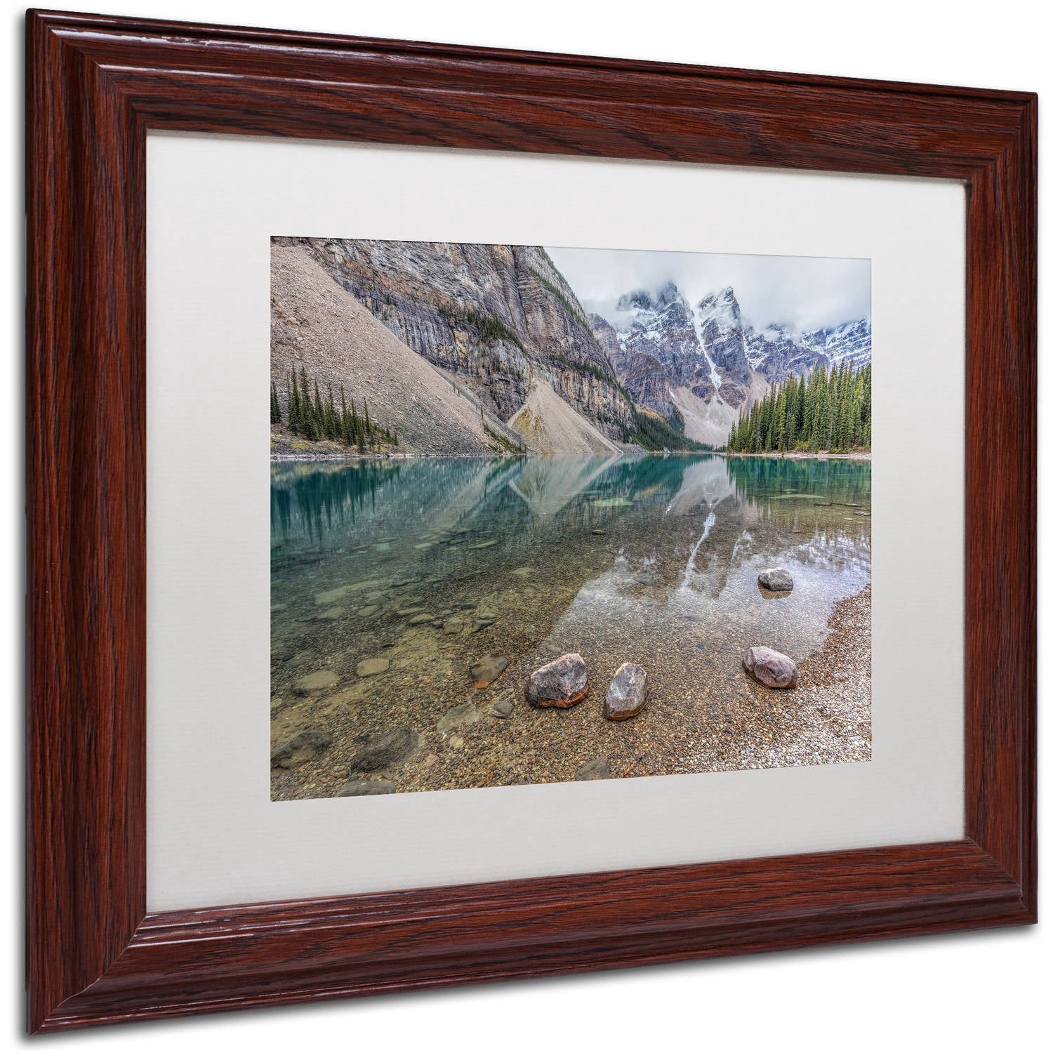 Trademark Fine Art 'Calm Moraine Lake ' Canvas Art by Pierre Leclerc, White Matte, Wood Frame