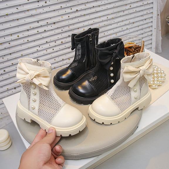 Girls Breathable Mesh Mid Calf Boots, Bow & Pearl Decor Side Zipper Hollow Summer Booties, Non Slip Chunky Platform Princess Shoes White 37