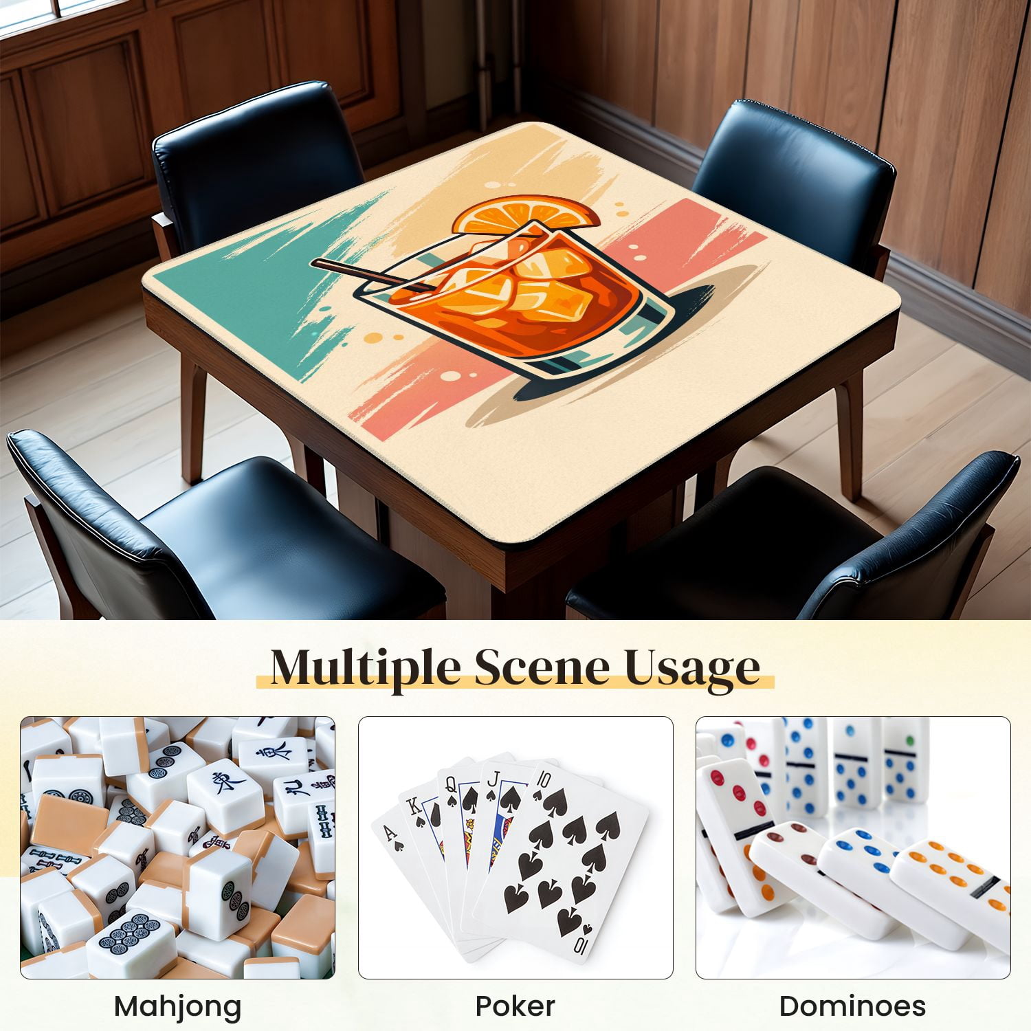 Mahjong Mat 31.5" x 31.5" Refreshing Orange Cocktail Ice Cubes Citrus Slice Non-Slip Noise Reduction Mahjong Tiles Table Cover for Dominoes Poker Card Board and Tile Games