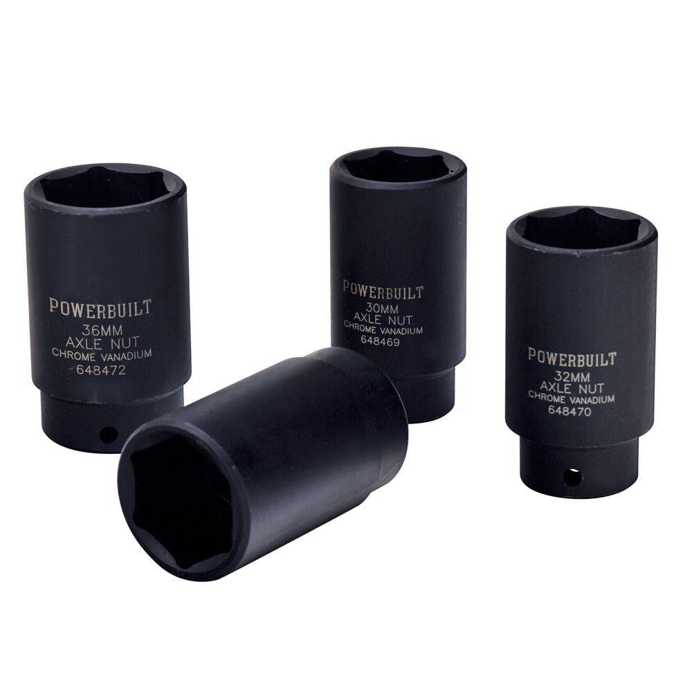 Powerbuilt 648635 4 Pc Front Wheel Drive Axle Nut Socket Kit Set w/ Storage Case