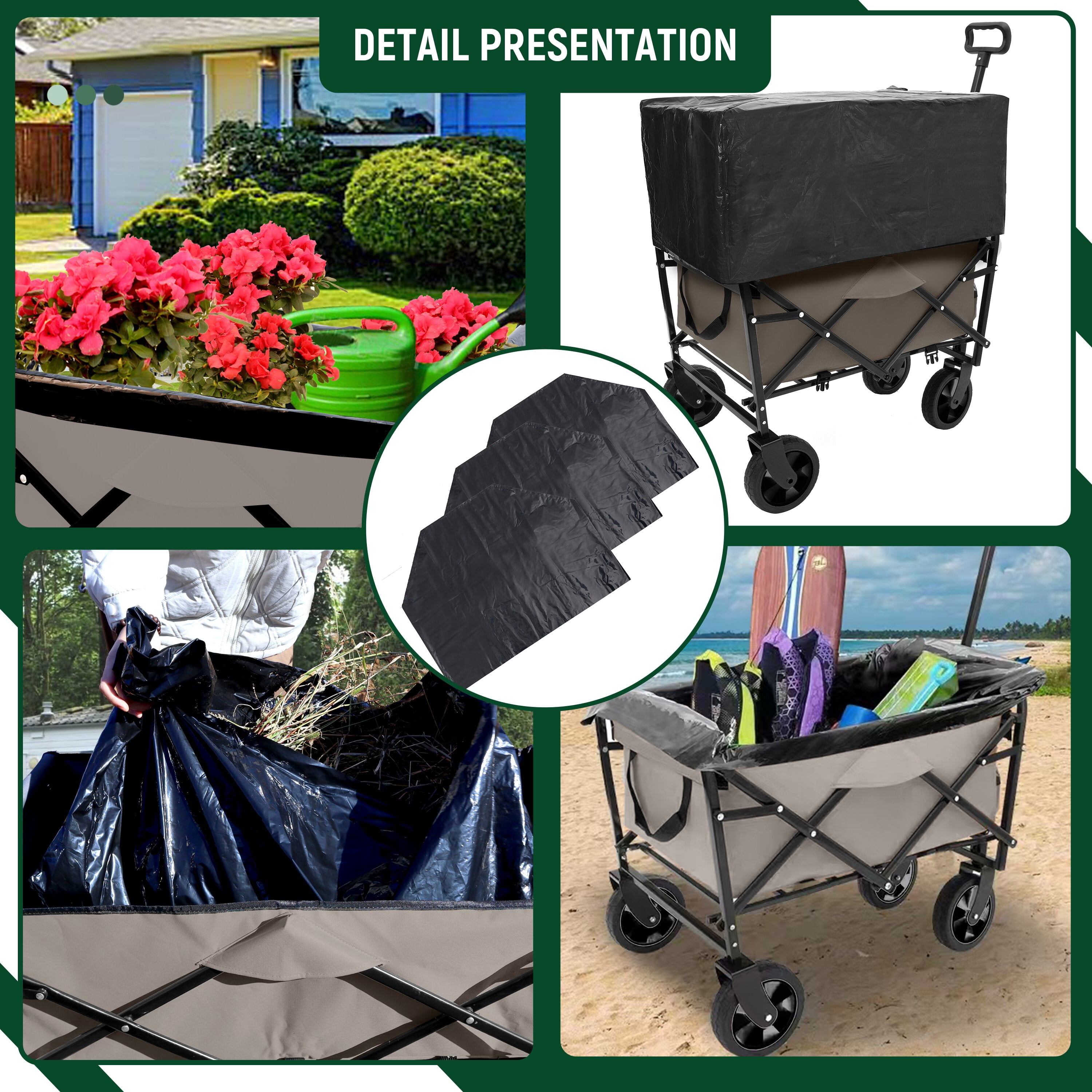 Yoneston Collapsible Wagon Cart, Portable Heavy Duty Utility Wagon with 3pcs Plastic Liner Cover Bag for Camping, Picinc, Shopping, Beach, Grocery Transport, Green