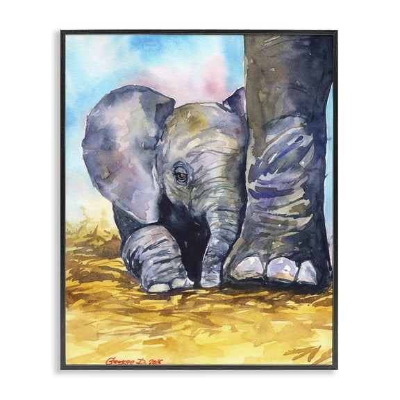 Stupell Industries Traditional Baby Elephant at Feet Portrait Vibrant Blue Yellow Black Framed Giclee Art, 11 x 14, by George Dyachenko