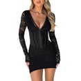 thumbnail image 1 of FOCUSNORM Robe Moulante pour Femmes Élégante à Manches Longues à Col en V Coupe Ajustée Robe en Dentelle Robe Courte Tenue de Boîte de Nuit, 1 of 8