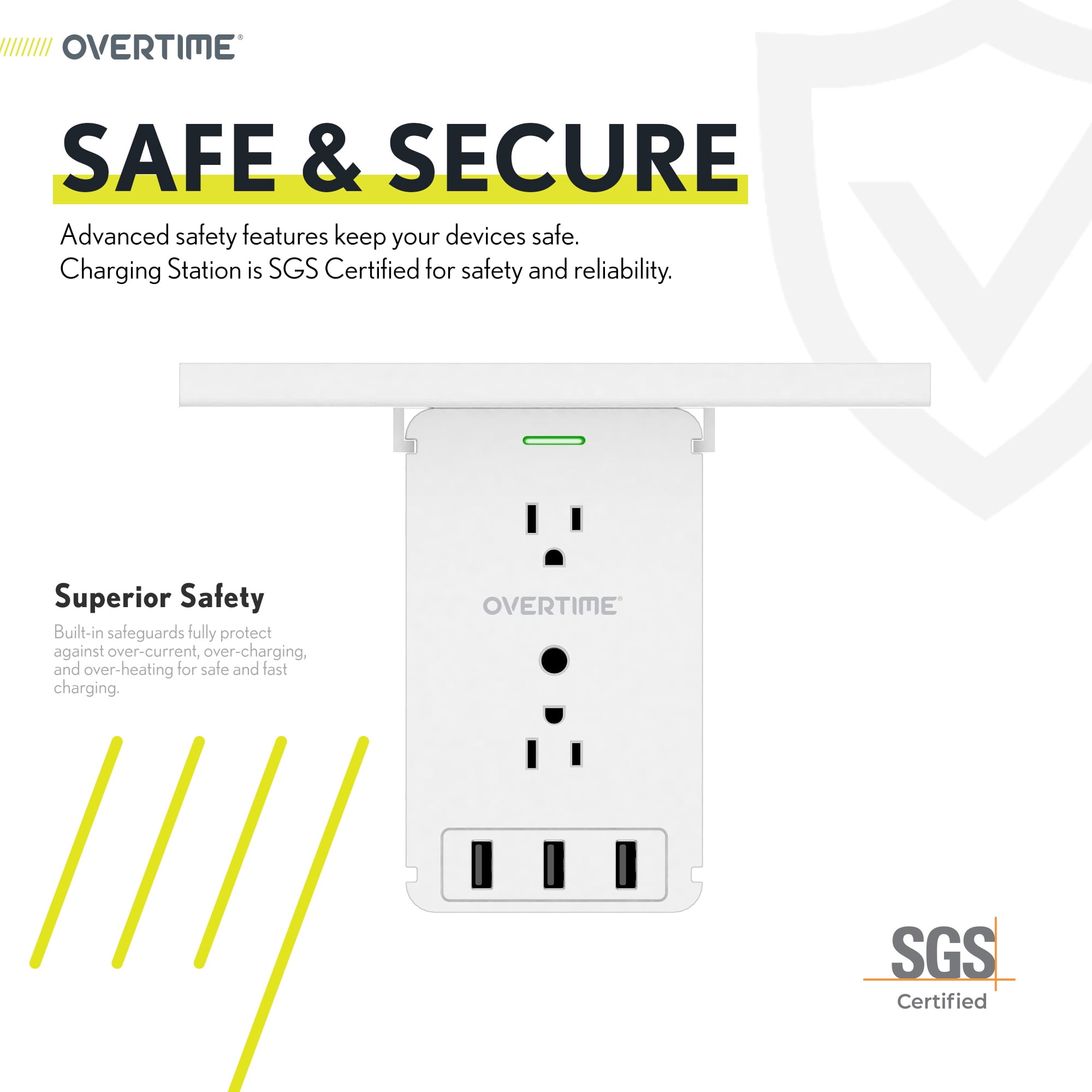 Overtime Outlet Extender, Outlet Splitter With 8 AC and 3 USB Outlets, Detachable Shelf, Multi-Plug Outlet Extender With Surge Protector for Home Appliances, Office, and Travel - White