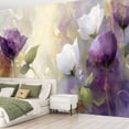 thumbnail image 2 of Peel and Stick Wallpaper Canvas Floral White Purple Leaf Boho Purple Flowers Green Stems Petals Leaves Modern Art Wall Mural Decor Self Adhesive and Removable 69in x 98in, 2 of 6
