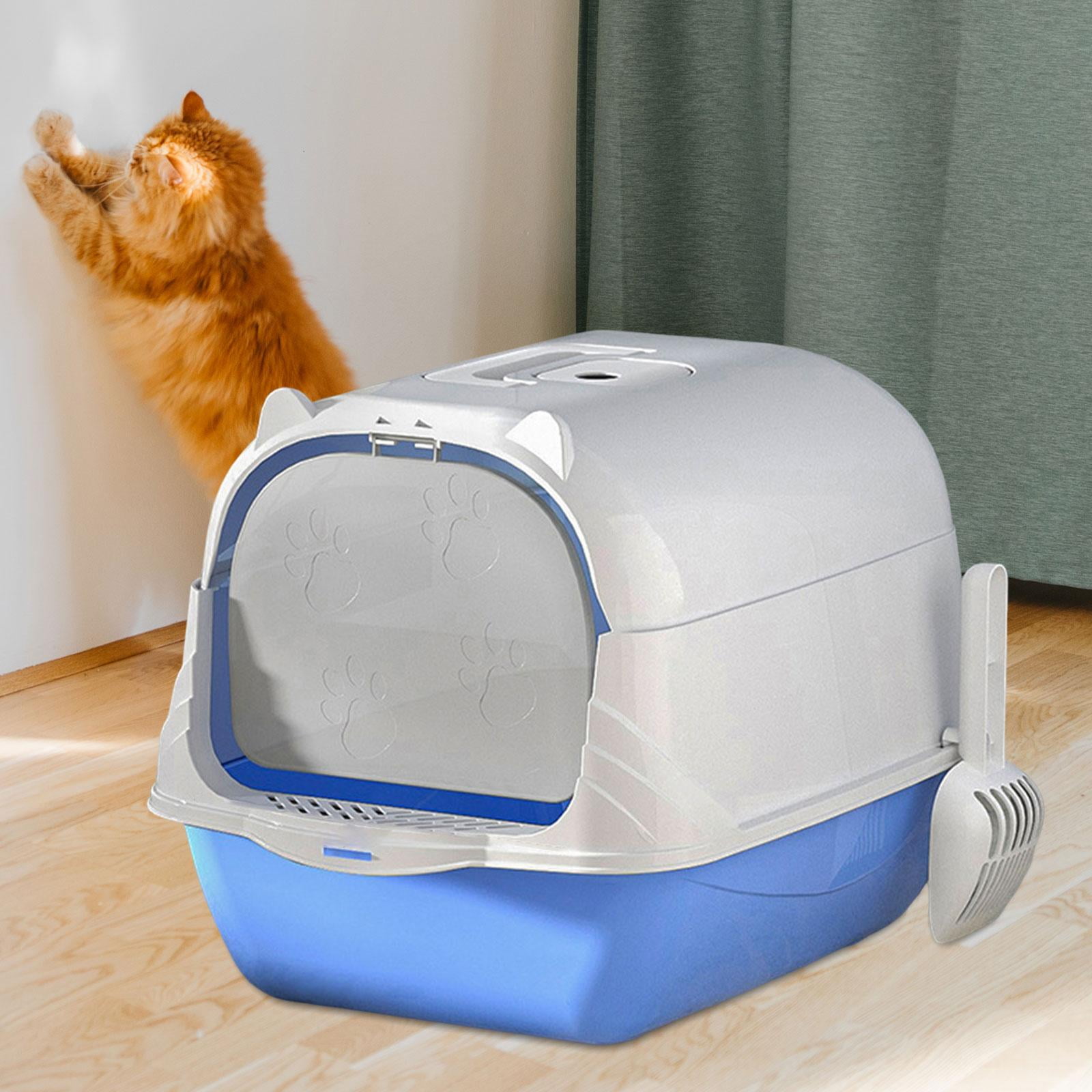 Fully Enclosed Cat Toilet Hooded Cat Litter Box with Handle Durable with Front Door Flap Heavy Duty Pet Supplies Pet Litter Box Kitten Potty Blue