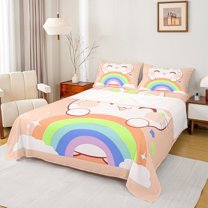 Manfei Kawaii Orange Cat Twin Sheet Sets for Kids, Cartoon Rainbow Twin Fitted Sheet, Cute Stars Print Flat Sheet, Breathable Home Decor, 3pcs