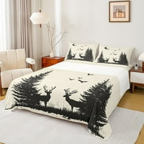 Manfei Cabin Deer Elk Twin Sheet Sets for Boy, Jungle Tree Print Twin Fitted Sheet, Woodland Animal Flat Sheet, Lightweight Room Decor, 3-Piece