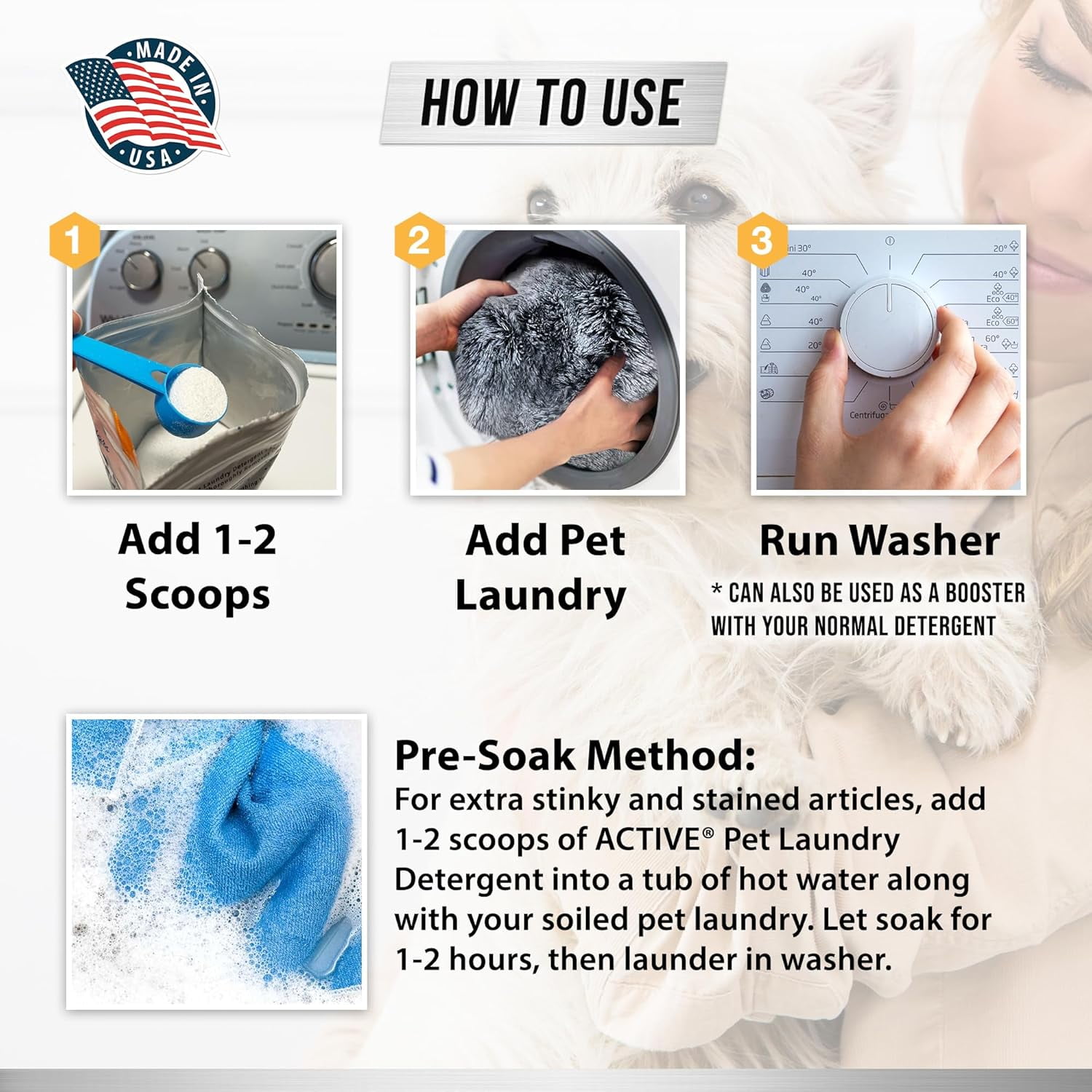 Active Pet Laundry Detergent, Enzyme Based Odor and Stain Lifter for Dog and Cat Bedding, HE Washer Safe, 64 Loads, 1 Pack