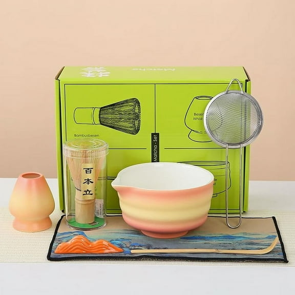 WZW Matcha Set Matcha Whisk Matcha Bowl with Pouring Spout Scoop Matcha Whisk Holder Tea Making Kit. 1 Japanese Tea Set,Matcha color,Color Box Packing, 15.2 ounce 7pcs