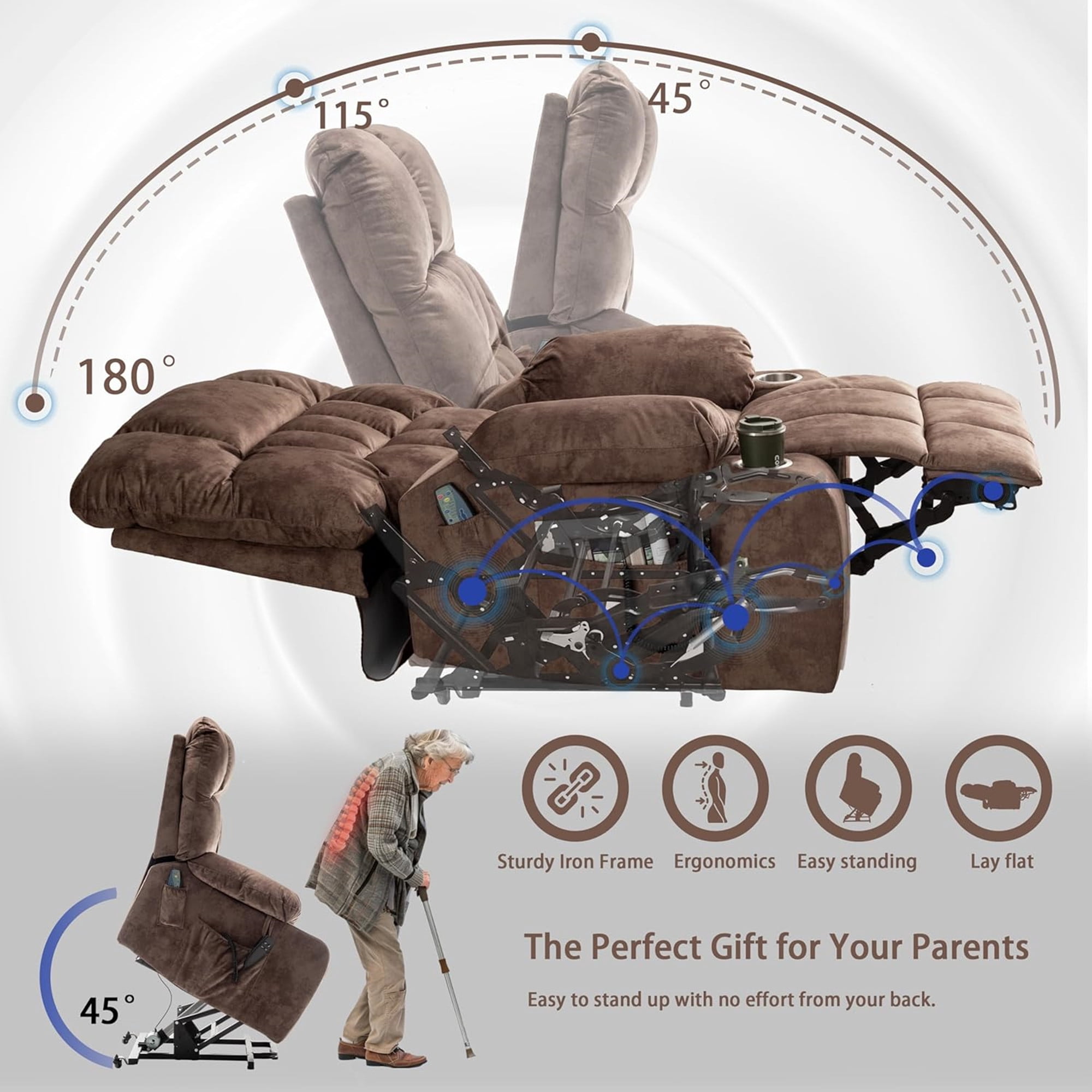 LITVZ Power Lift Recliner Chair with Massage and Heating for Elderly, Oversized Lay Flat Recliner, Big and Tall 350lbs, Dual Motors, 2 Cup Holders, Heavy Duty Lift Chair for Adults