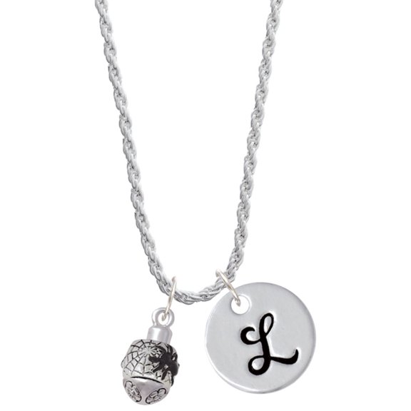 Delight Jewelry Silvertone Black Spider on Web Spinner Silvertone Script Initial Disc - L - Charm Necklace, 20"+3"